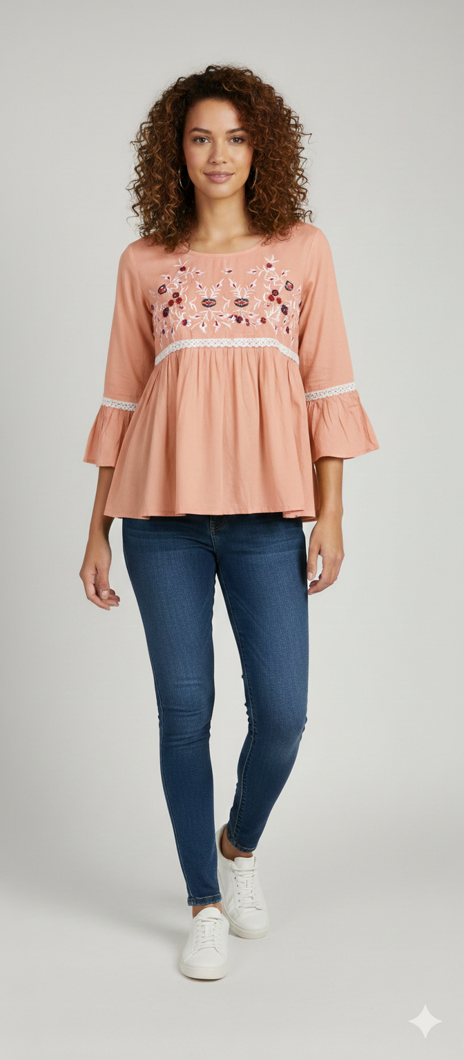 Peach Floral Embroidered Peplum Top with Bell Sleeves